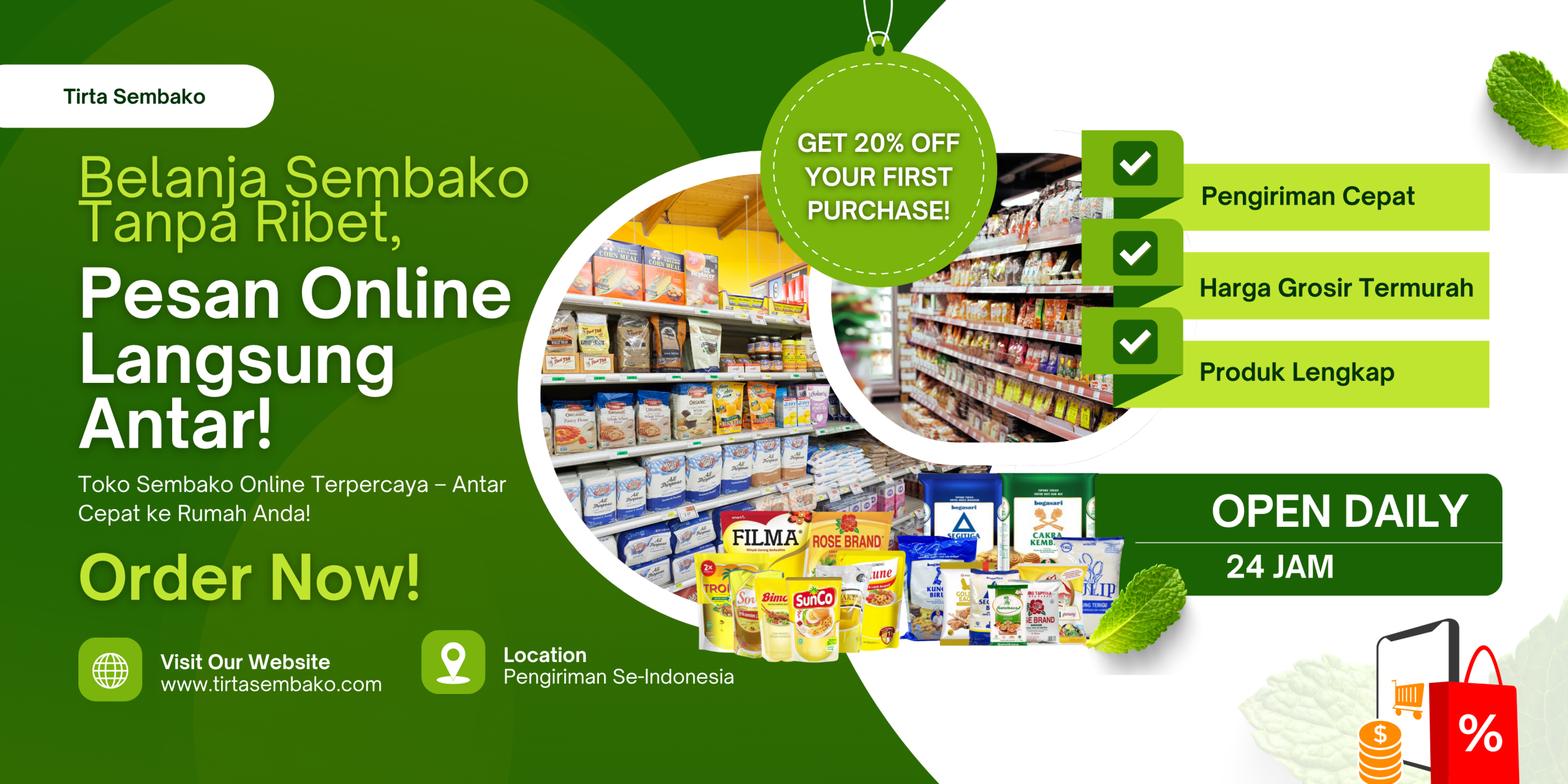 Green and White Modern Fresh Produce Market Sale Banner